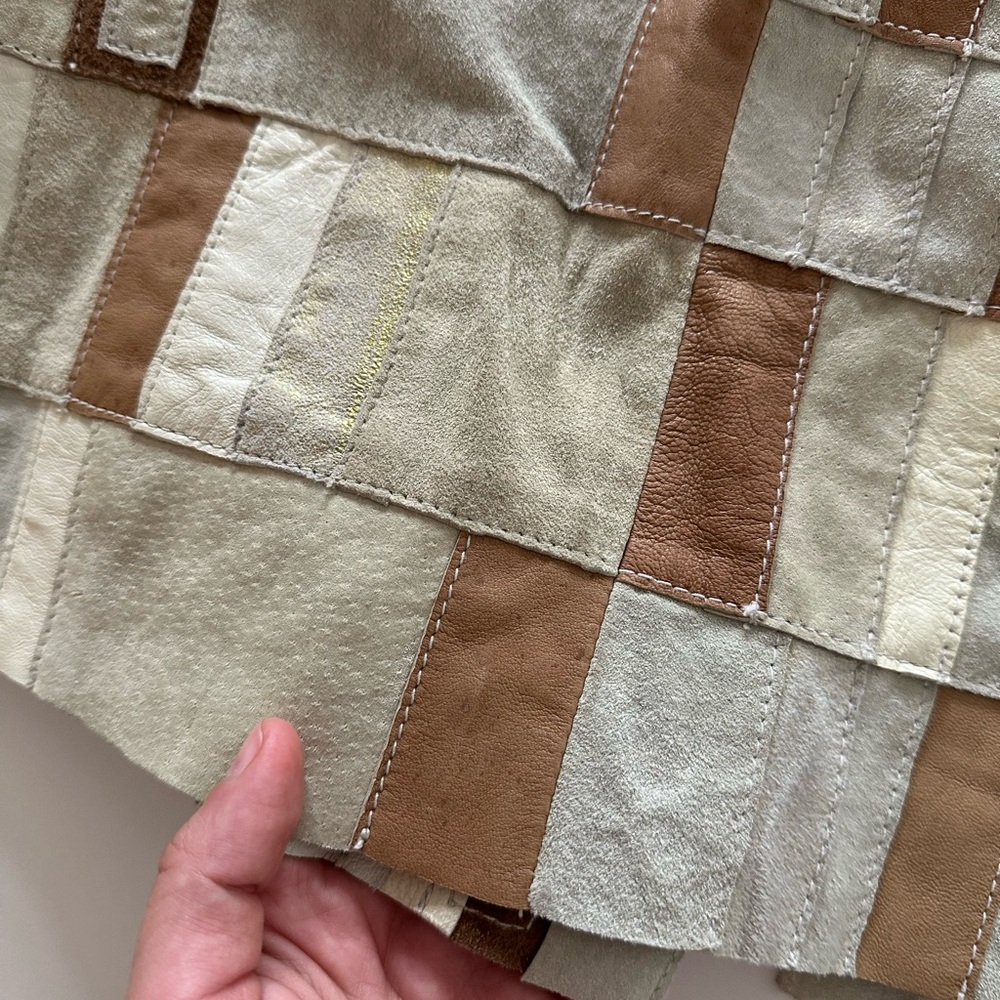 Vintage Y2K Boho Patchwork Suede Leather Cream Gold Mini Skirt 4 Brown - Picture 6 of 10